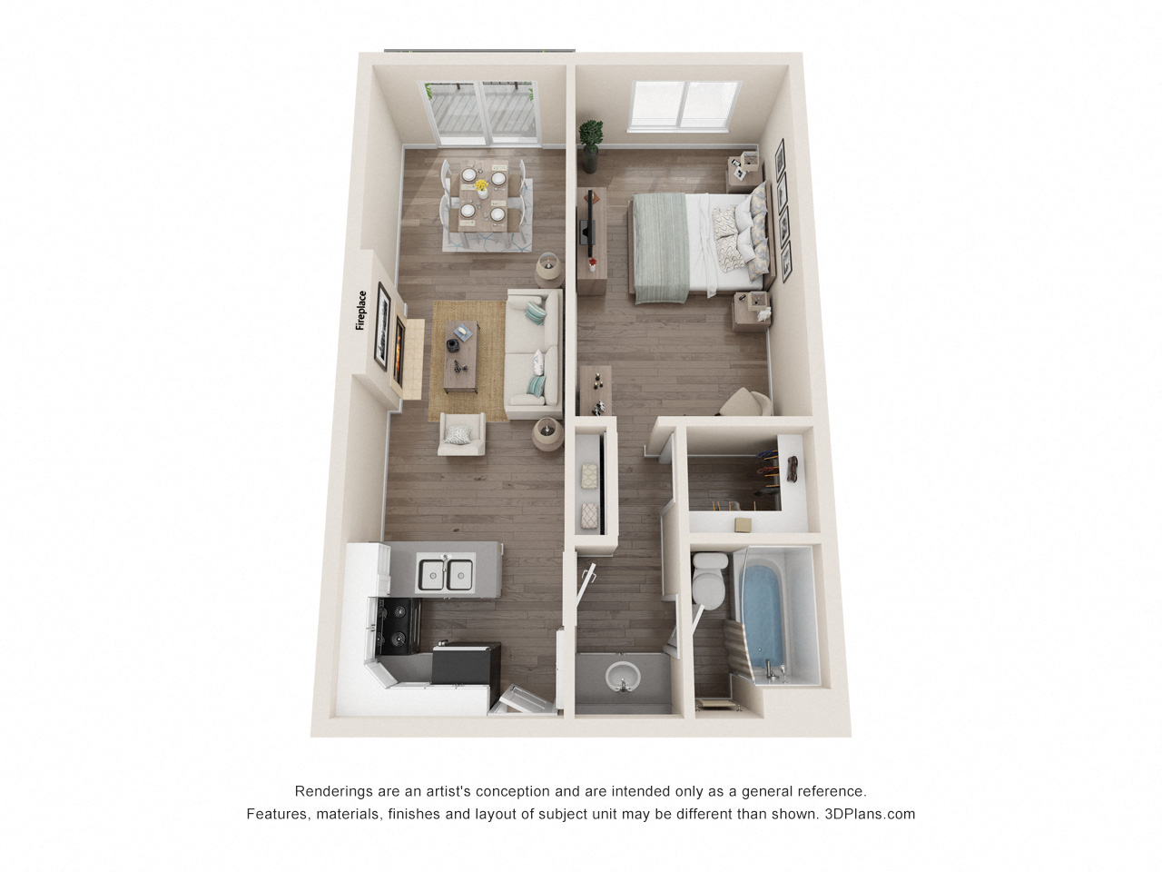 Floor plan for 1 bed, 1 bath, 750 sqft